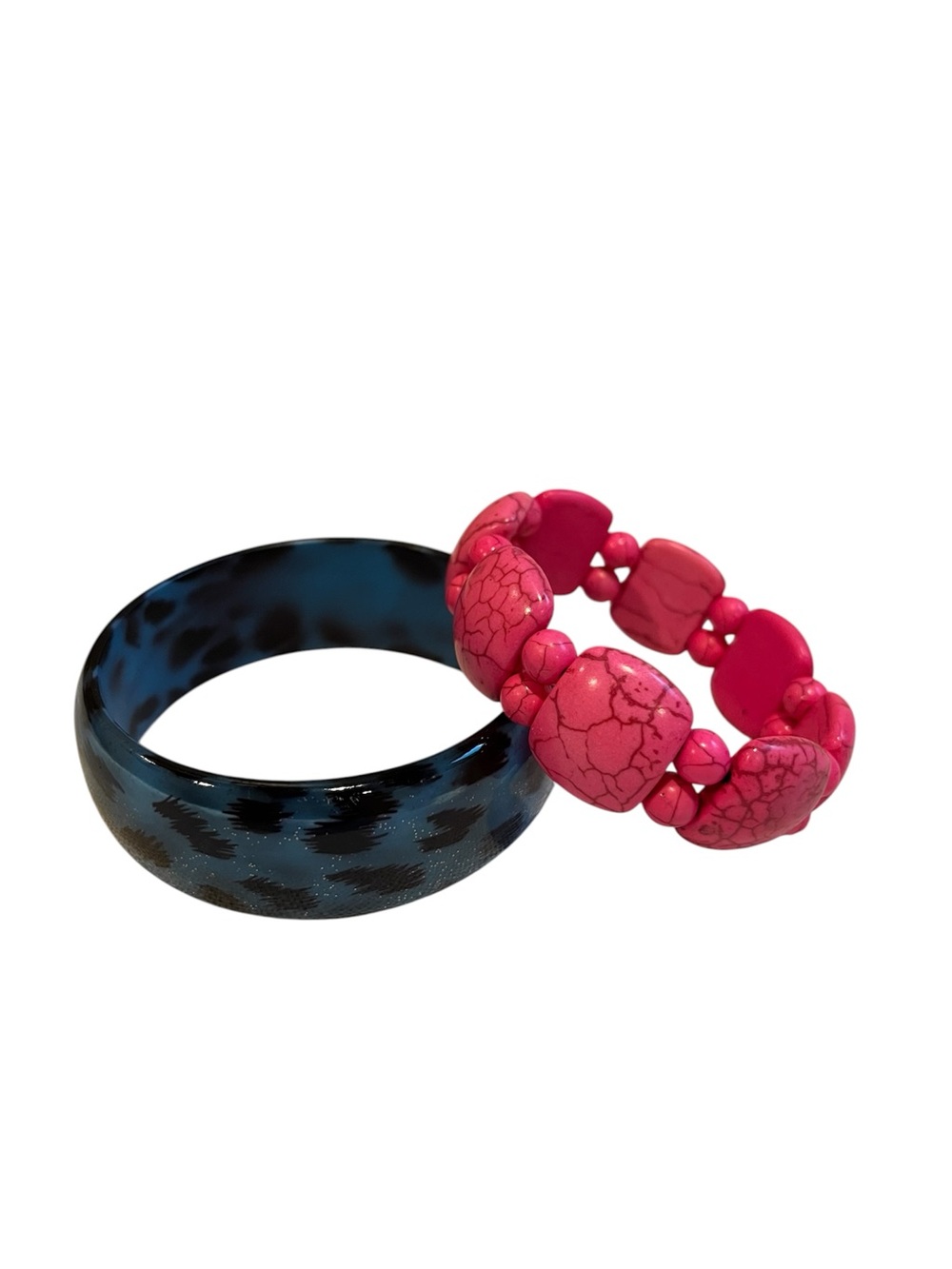 Pink Beaded Stretch Bracelet + Blue Black Leopard Print Bangle
